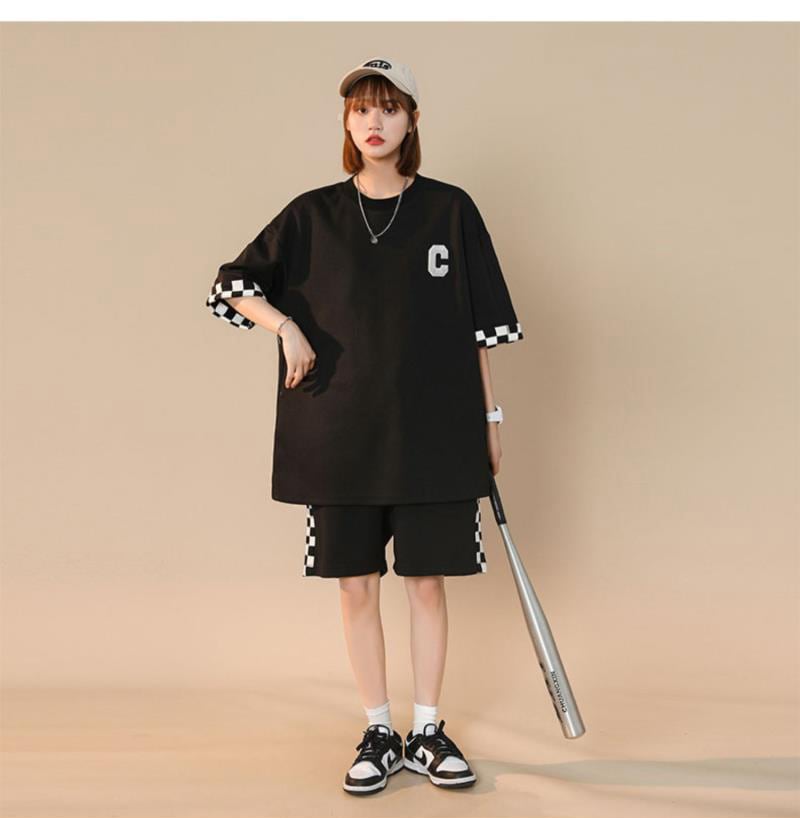 超人気 ルーズ 切り替え 半袖Ｔシャツⅹパンツセット全2色 ins-8209