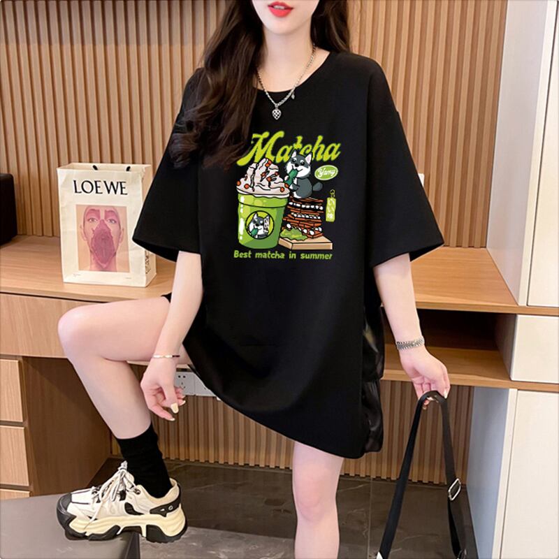 着回し力抜群 プリント 切り替え ロング Tシャツ ゆったり半袖 Tシャツ ins-8498