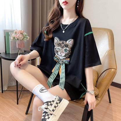 質感のいい 立体のリボン 猫刺繍 ロング Tシャツ ゆったり半袖 ins-2919