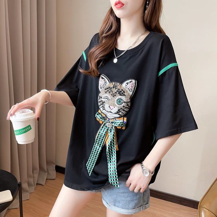 質感のいい 立体のリボン 猫刺繍 ロング Tシャツ ゆったり半袖 ins-2919