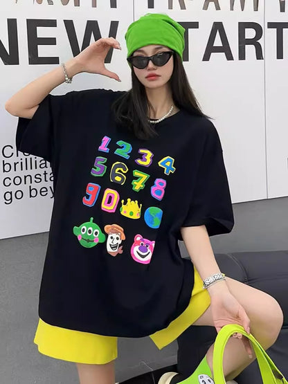 売り切れ必至 個性派 プリント三色 ゆったり 半袖Tシャツ ins-8462