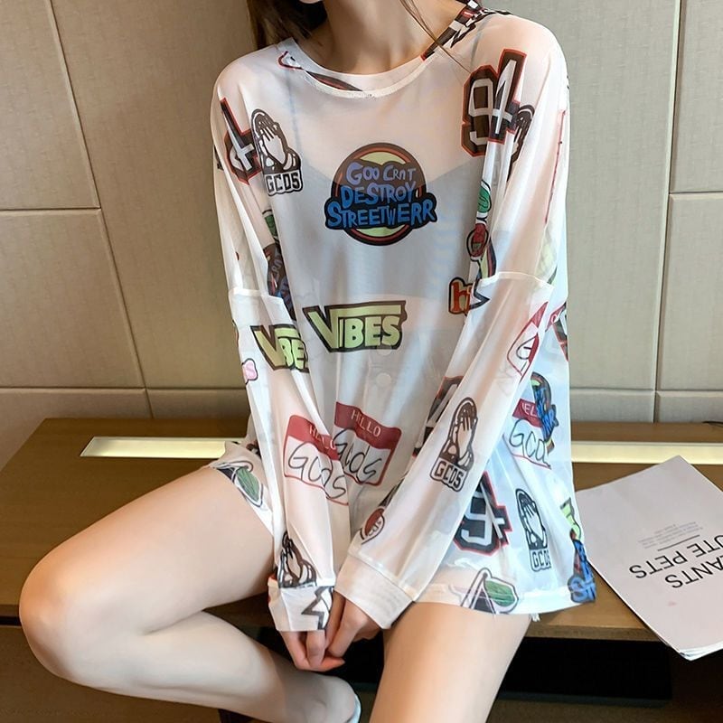 超人気 個性派 ルーズ 日焼け防止に透け感  Tシャツins-8052