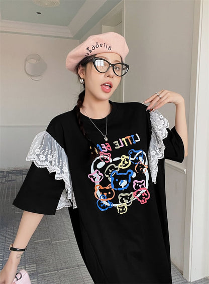 おすすめ ファッション レース 切り替え プリント Tシャツ カットソー ワンピースins-8535