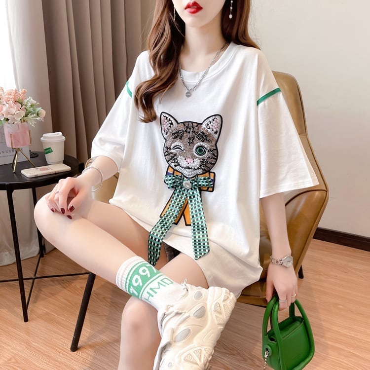 質感のいい 立体のリボン 猫刺繍 ロング Tシャツ ゆったり半袖 ins-2919