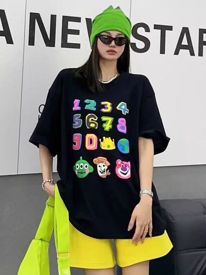 売り切れ必至 個性派 プリント三色 ゆったり 半袖Tシャツ ins-8462