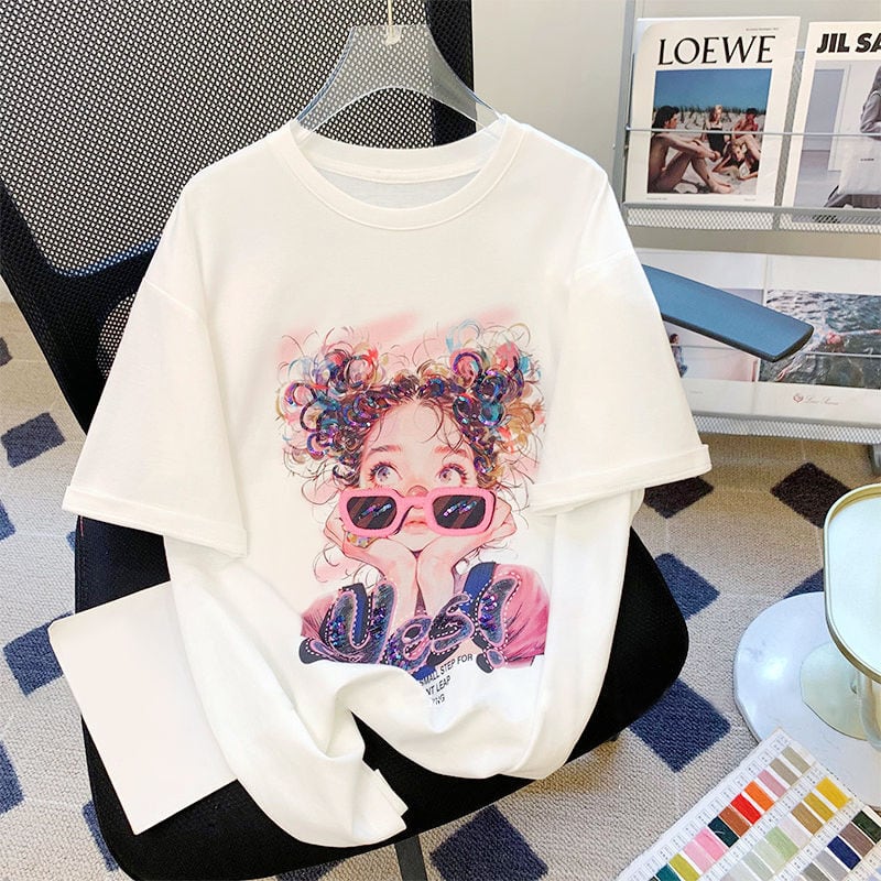 【半額！期間限定！！】大人可愛い上質 カジュアル キュートプリント 半袖Tシャツins-8593