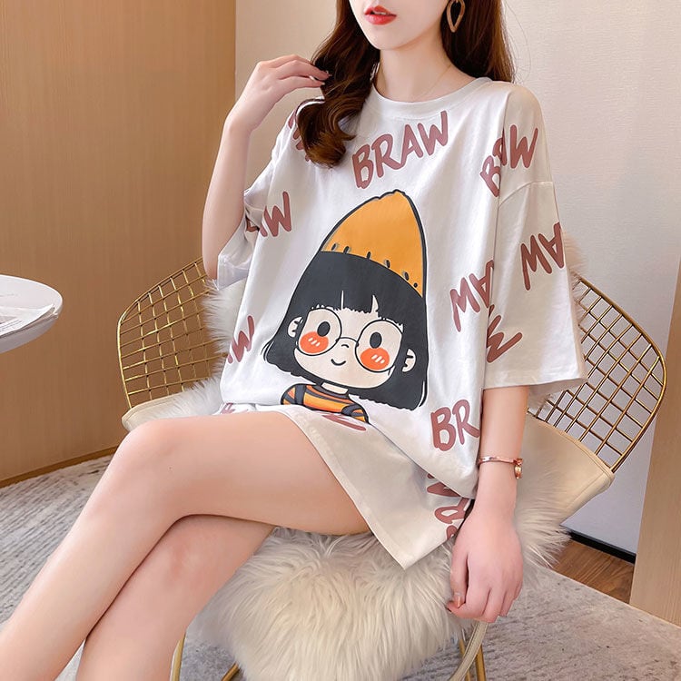 新商品 好感度満載 ラウンドネック プリント Tシャツ カットソーins-8477