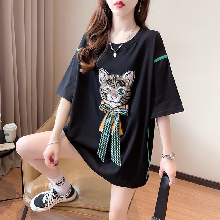 質感のいい 立体のリボン 猫刺繍 ロング Tシャツ ゆったり半袖 ins-2919